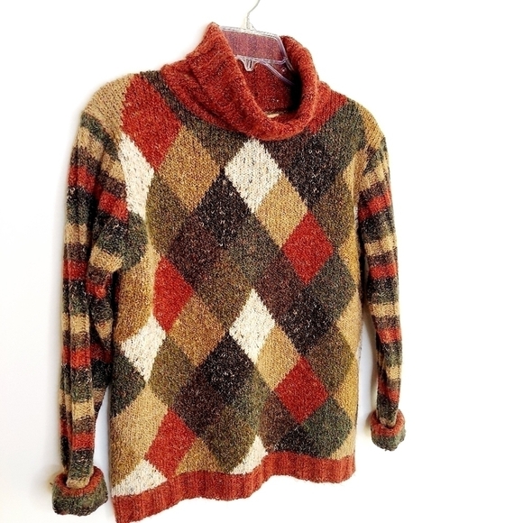 B. MOSS Argyle Tweed Striped Wool Blend Chunky Turtleneck Sweater Medium Y2K EUC - Picture 9 of 11